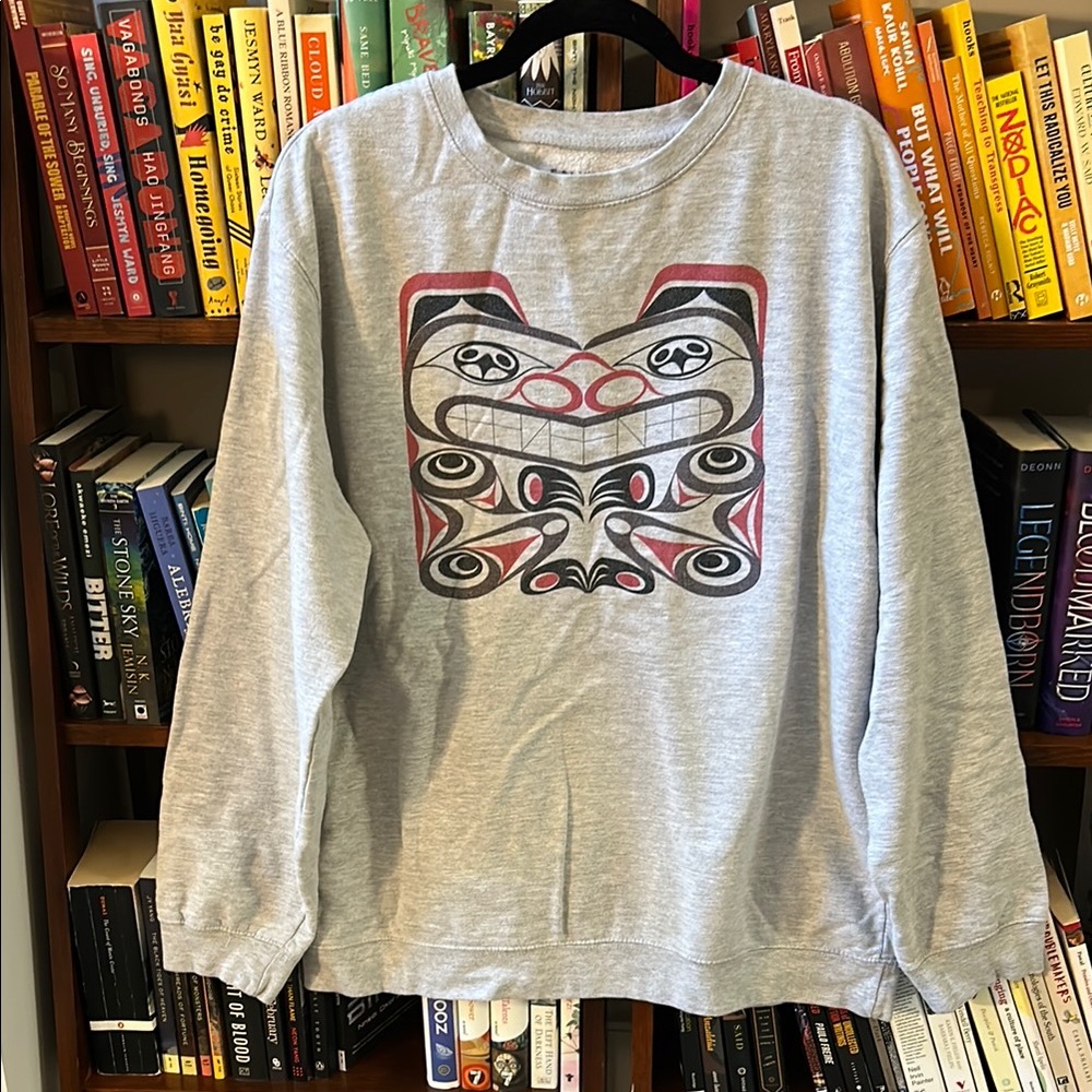 Salish Style Gray Crewneck Sweater with Salish Bear Design